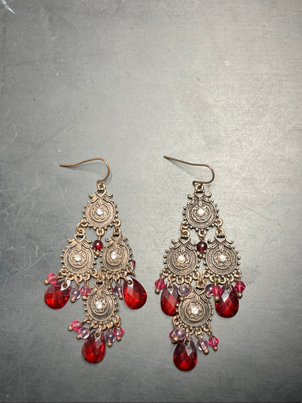 Gold-Tone Filigree Chandelier Earrings with Red and Pink Accents